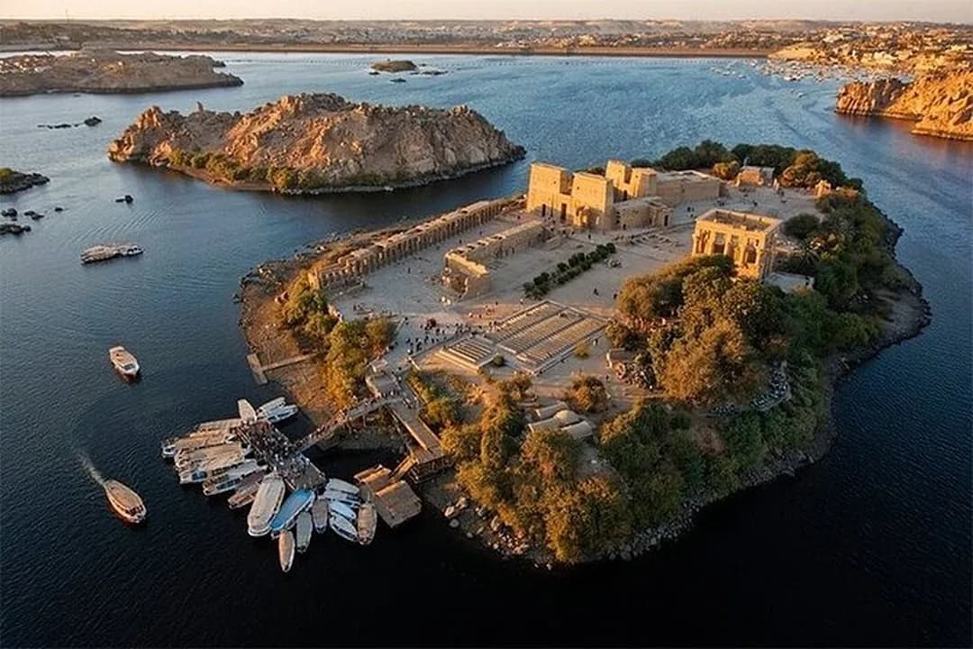 The columns of Philae Temple rising above the Nile near Aswan.