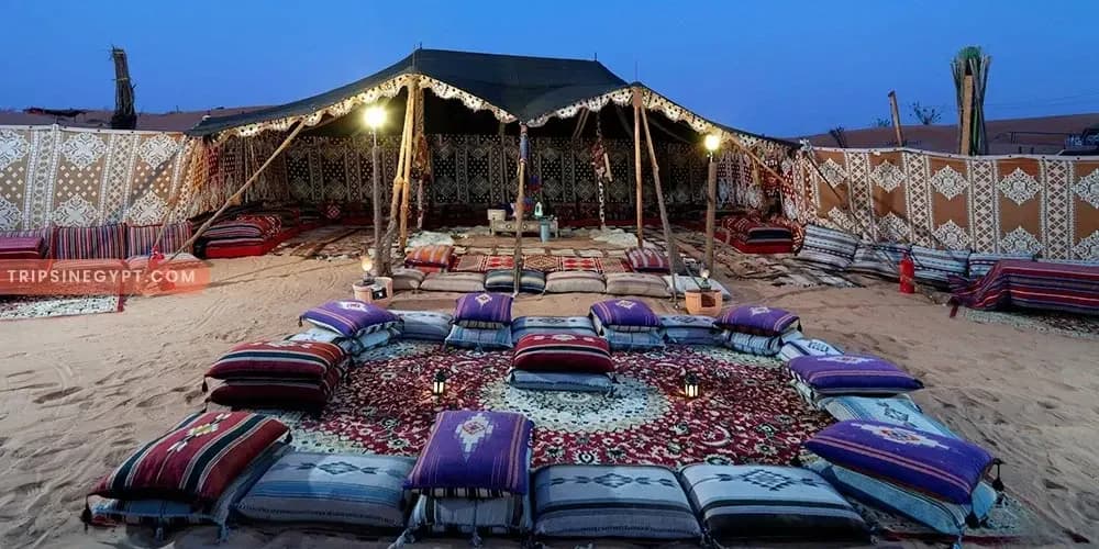 A Bedouin desert camp with a lit tent and floor cushions around a carpet at dusk