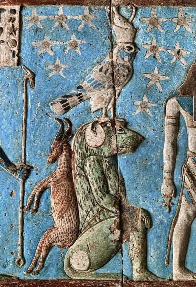 A painted astronomical relief with a hippopotamus goddess and animals, Dendera Temple